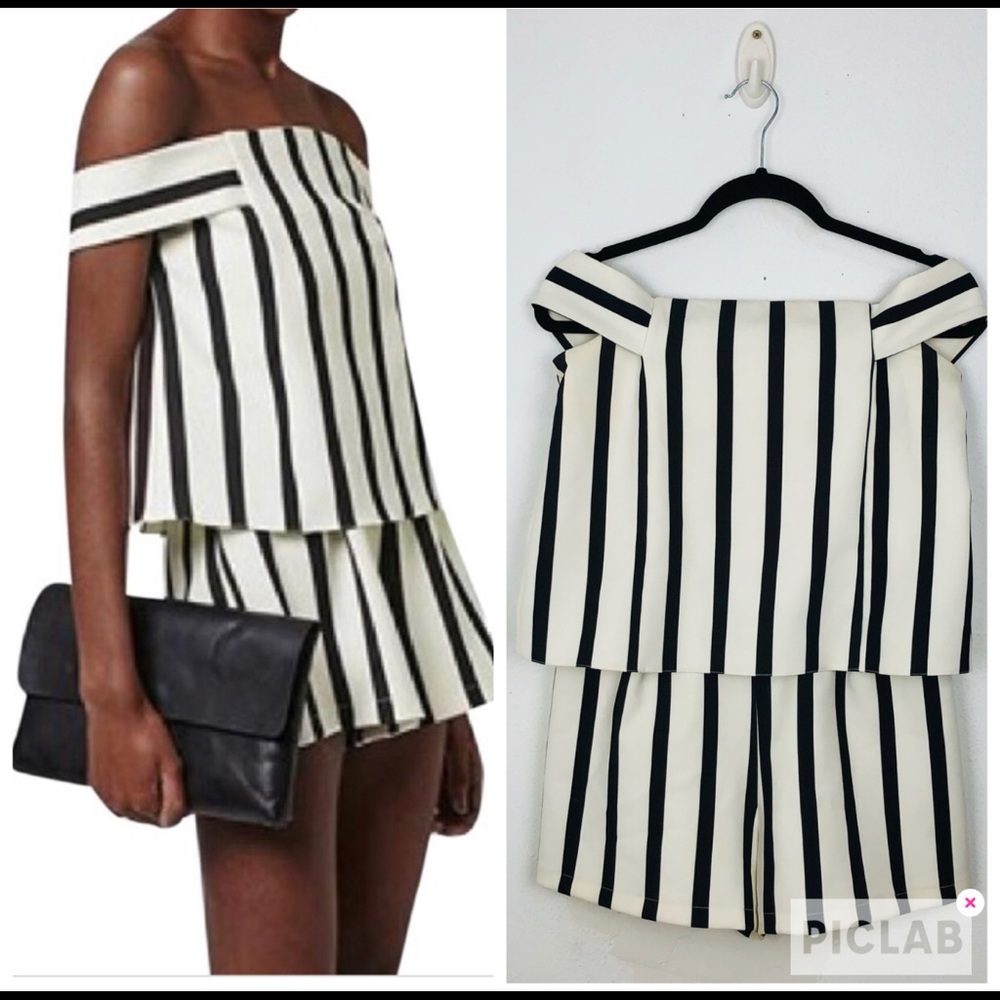 Topshop
Black and White Stripe Off The Shoulder Romper/Jumpsuit